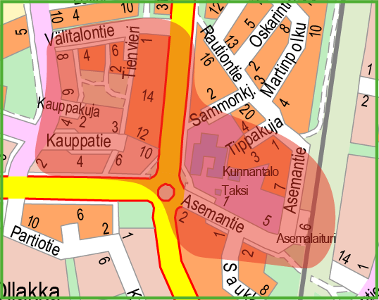 Kartta, jossa punaisella väritetty Kempeleen kunnantalon korttelin sekä kauppakeskustan alueet.