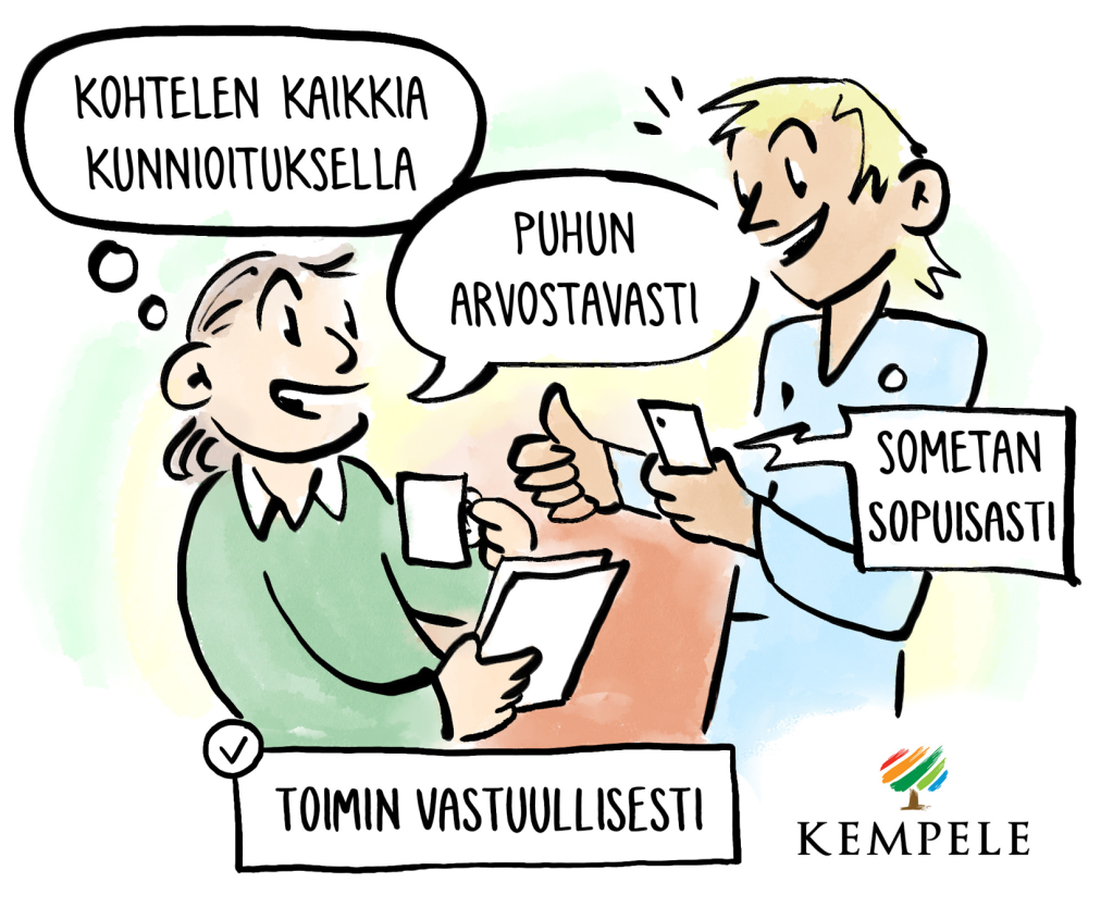 Koristeellinen kuva, joka kertaa kunnan toimintakulttuurin periaatteita: kohtelen kaikkia kunnioituksella, puhun arvostavasti, sometan sopuisasti ja toimin vastuullisesti.